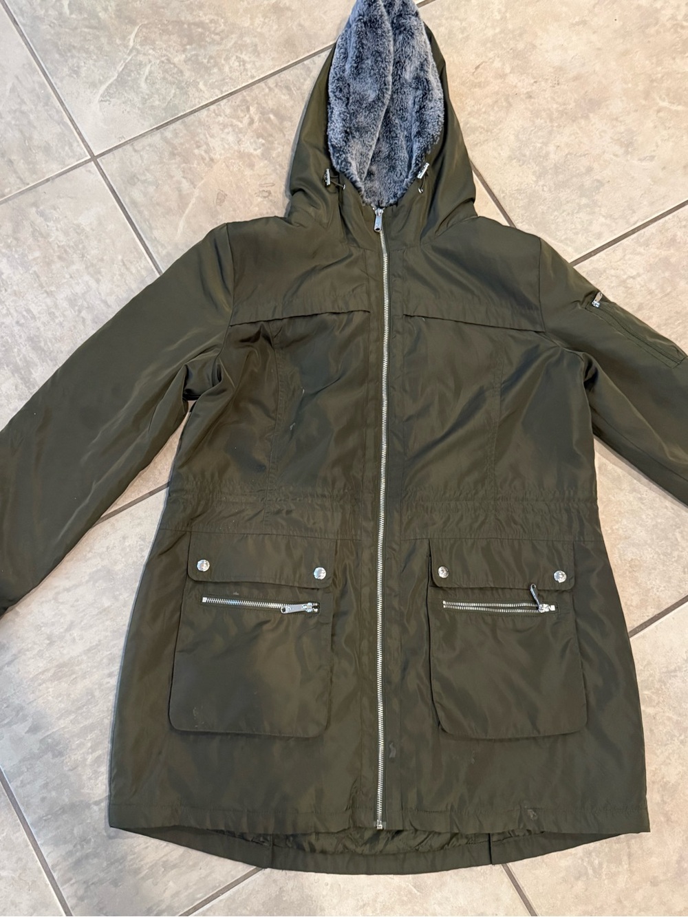 Sam Edelman Olive Utility Hooded Jacket with Gray Faux Fur Lining